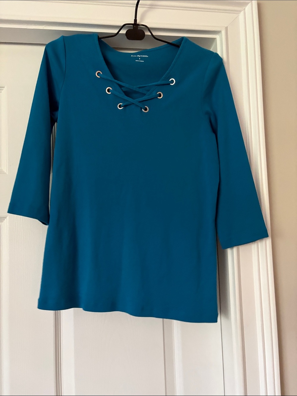 Kim Rogers Teal Lace-Up V-Neck 3/4 Sleeve Top